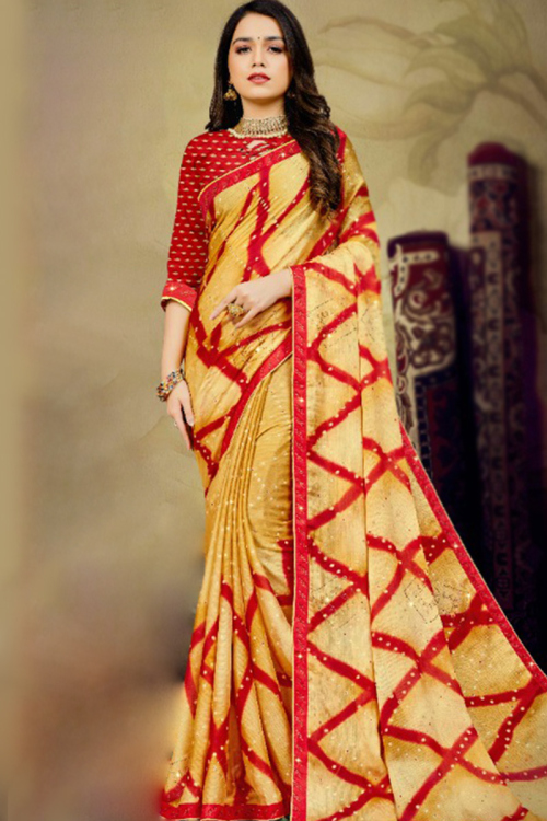 Chiffon Yellow Printed Saree For Sangeet