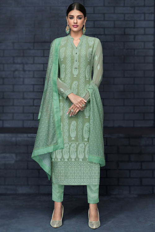 Chikankari Embroidered Mint Green Georgette Trouser Suit