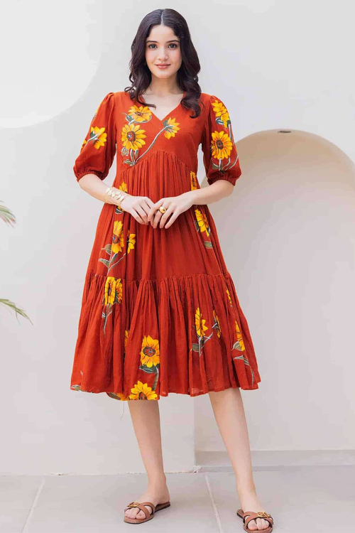 Chikko Brown Cotton A Line Printed Casual Wear Kurti