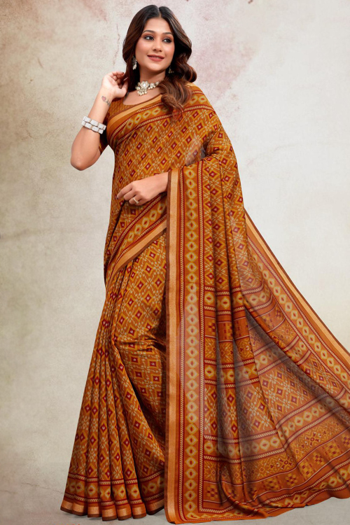 Chikko Brown Cotton Printed Light Weight Saree