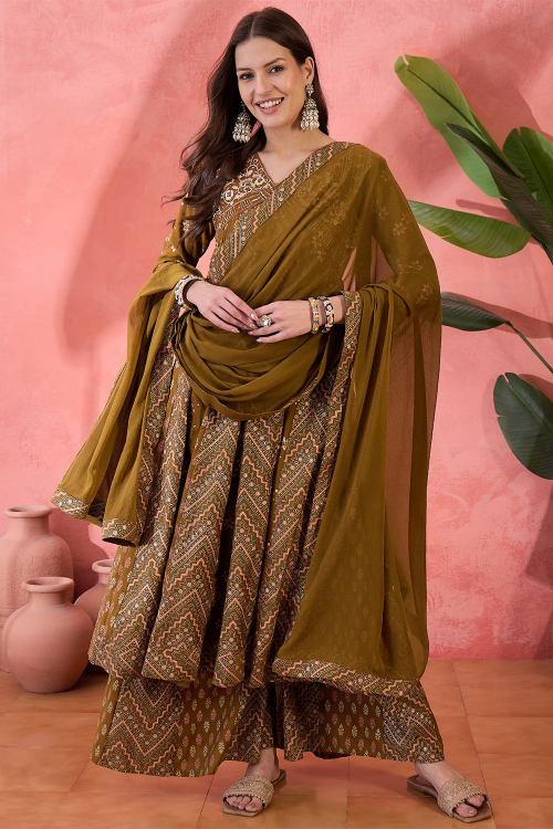 Chikko Brown Cotton Silk Palazzo Suit With Printed Work For Festival