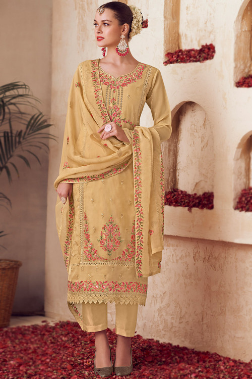 Chikko Brown Embroidered Organza Trouser Suit For Sangeet