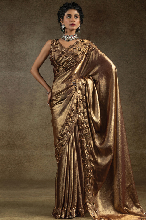 Chikko Brown Tissue Silk Saree With Sequins Work For Party 