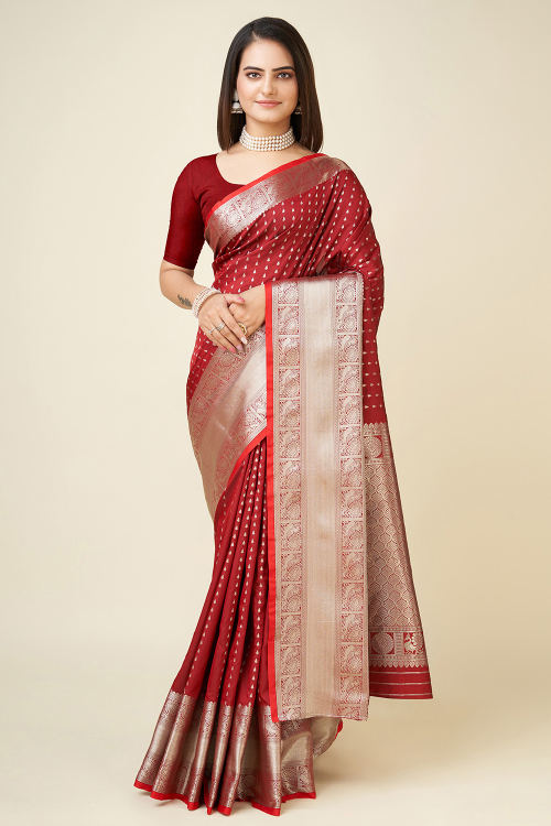 Chilly Red Art Silk Broad Border Saree With Woven Zari Work
