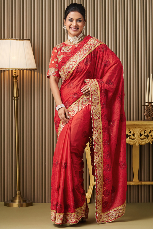Chilly Red Art Silk Saree With Zari Work For Diwali
