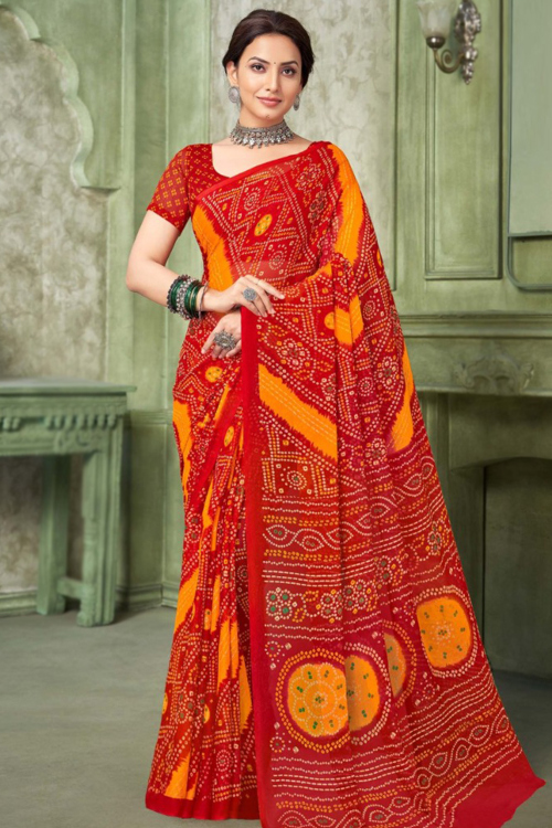 Chilly Red Chiffon Saree With Bandhej Print Work For Casual Wear