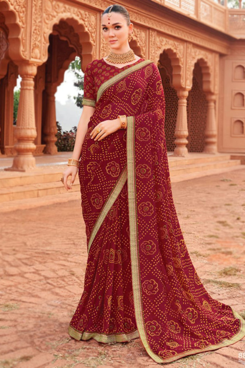 Chilly Red Chiffon Saree With Printed Work For Festival