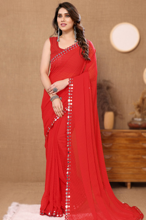 Chilly Red Chiffon Weaved Thread Light Weight Saree