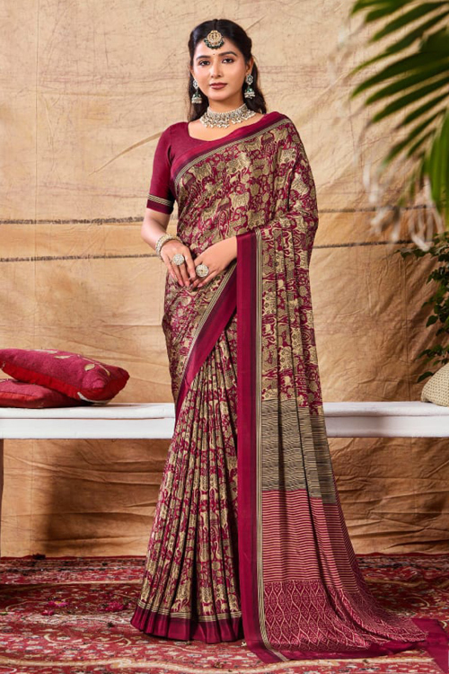Chilly Red Crepe Saree With Printed Work For Casual Wear