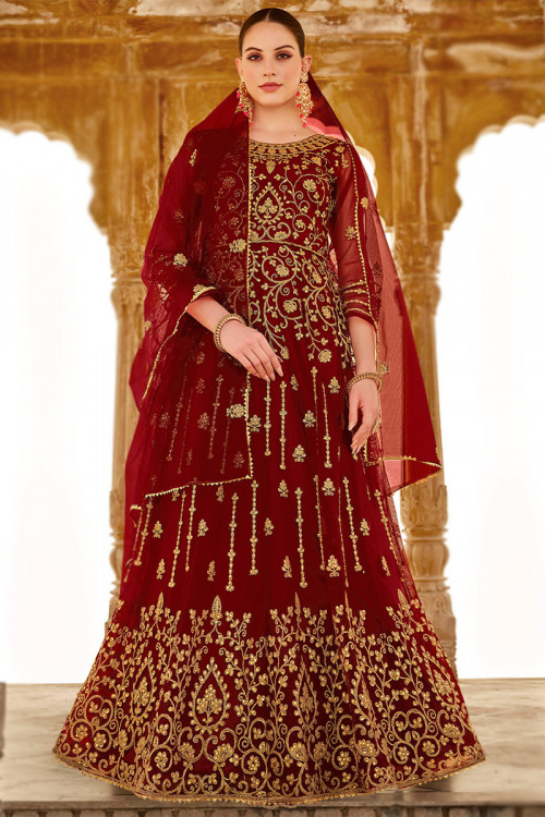 Chilly Red Dori Embroidered Net Anarkali Suit For Sangeet 