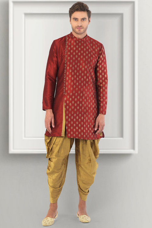 Chilly Red Dupion Silk Foil Printed Men's Kurta With Dhoti Pants