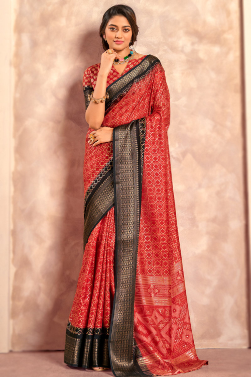 Chilly Red Foil Print Silk Lightweight Saree For Sangeet 