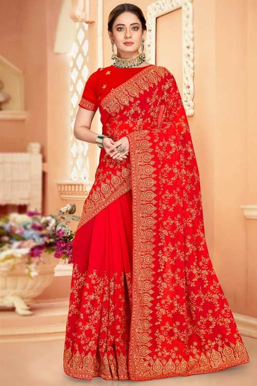 Zari Work chilly Red Saree in Georgette for Party 