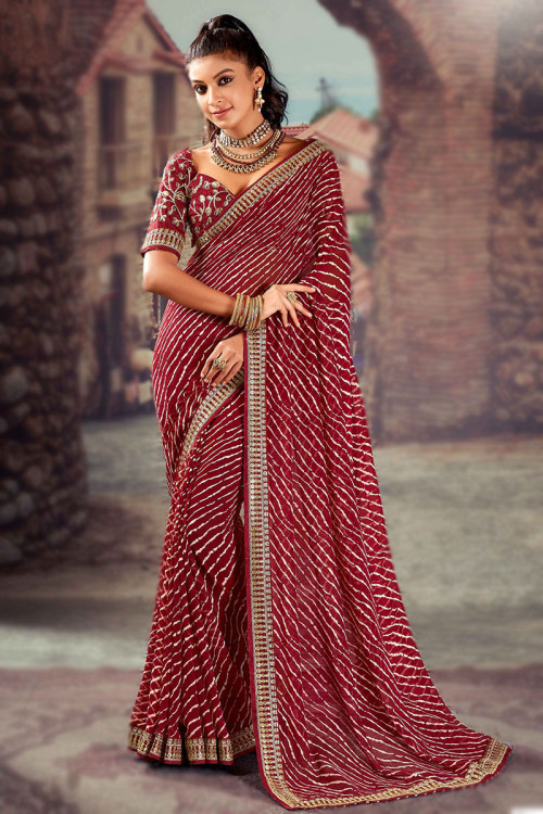 Georgette Party Wear Red Embroidered Net Saree, 5.5 m (separate