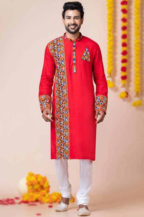 Chilly Red Rayon Lace Embroidered Men's Kurta With Churidar