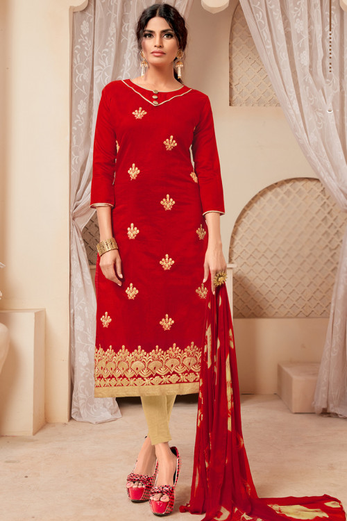 Chilly Red Resham Thread Embroidered Cotton Silk Legging Suit
