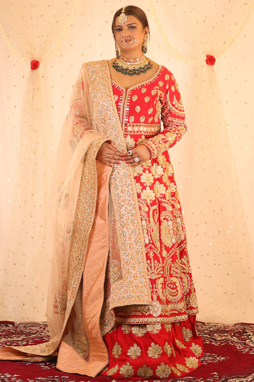 Chilly Red Silk Embroidered Bridal Wear Long Choli Lehenga 