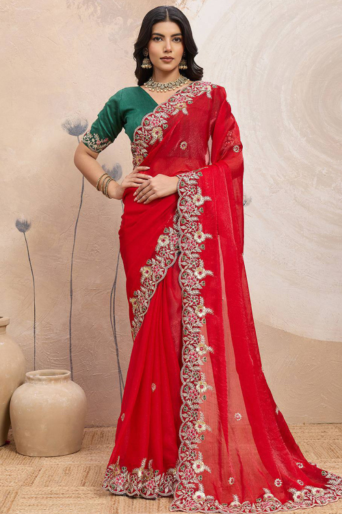 Chilly Red Tissue Silk Shimmer Saree With Sequins Work For Festival