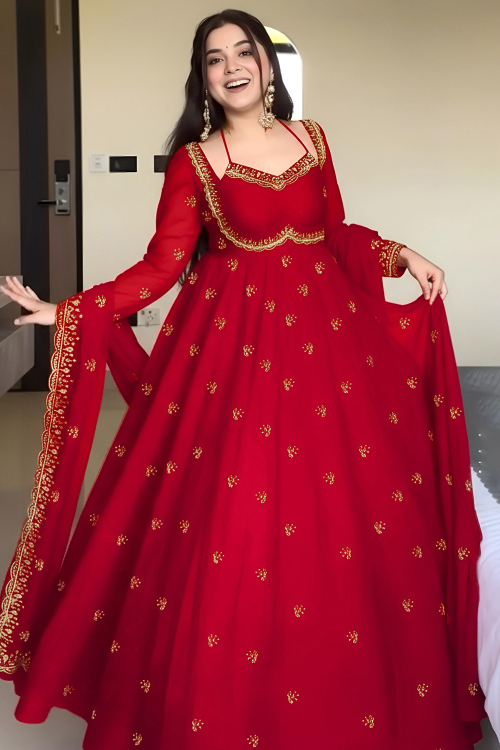 Chilly Red Zari Embroidered Georgette Anarkali Suit 