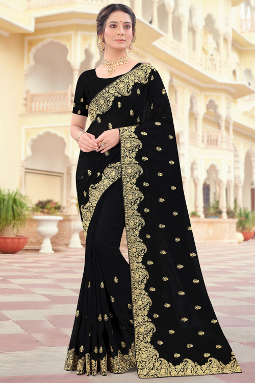 Chinnon Black Embroidered Saree With Zari And Stone Work