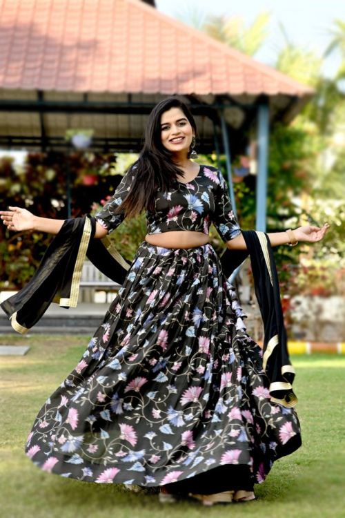 Chinnon Black Floral Print A-line Lehenga