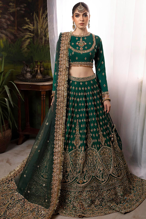 Chinnon Bottle Green Embroidered Panelled Style Lehenga 