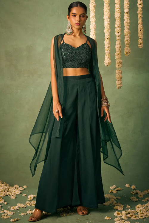 Chinnon Bottle Green Sharara Suit with Sequins Work for Weddings