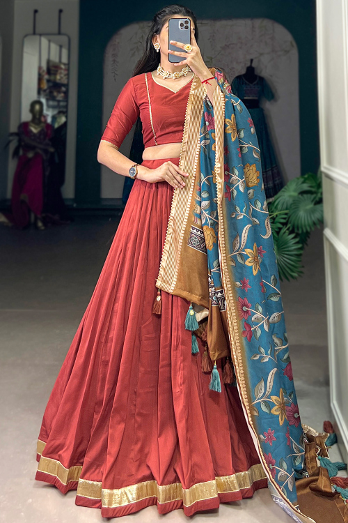 Chinnon Brick Red Lehenga with Woven Zari Work for Diwali 