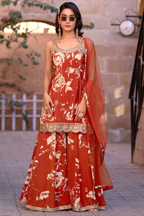 Chinnon Brick Red Printed Straght Cut Sharara Suit 