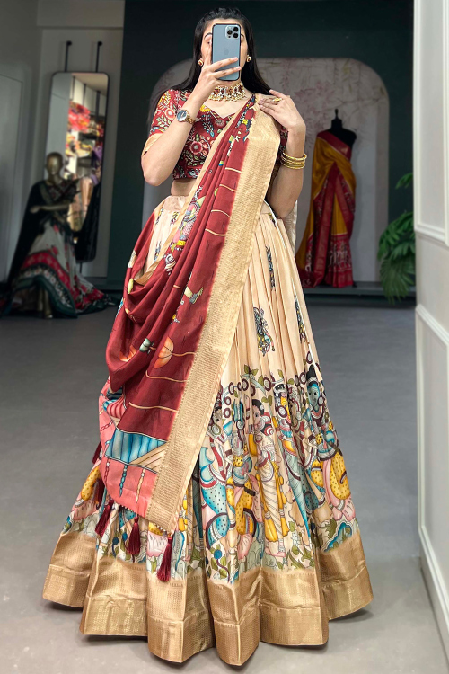 Chinnon Cream Lehenga with Peinted Work for Diwali 