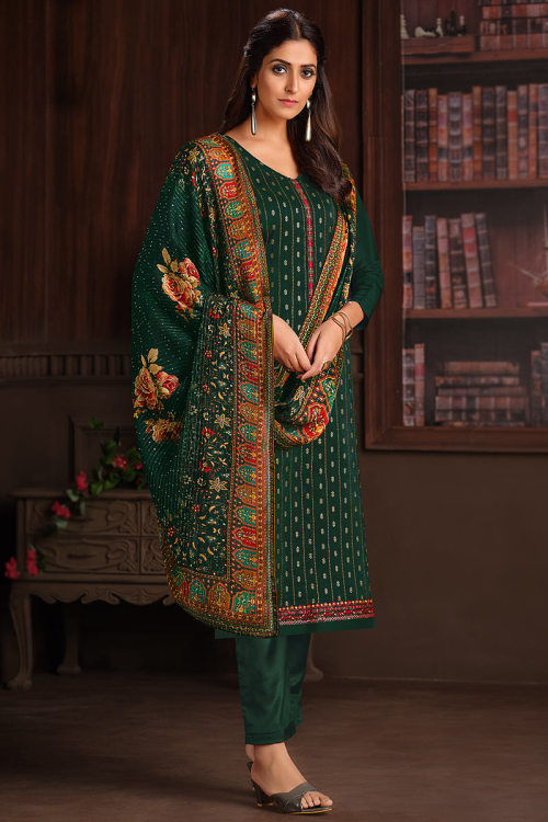 Chinnon Dark Green Embroidered Trouser Suit