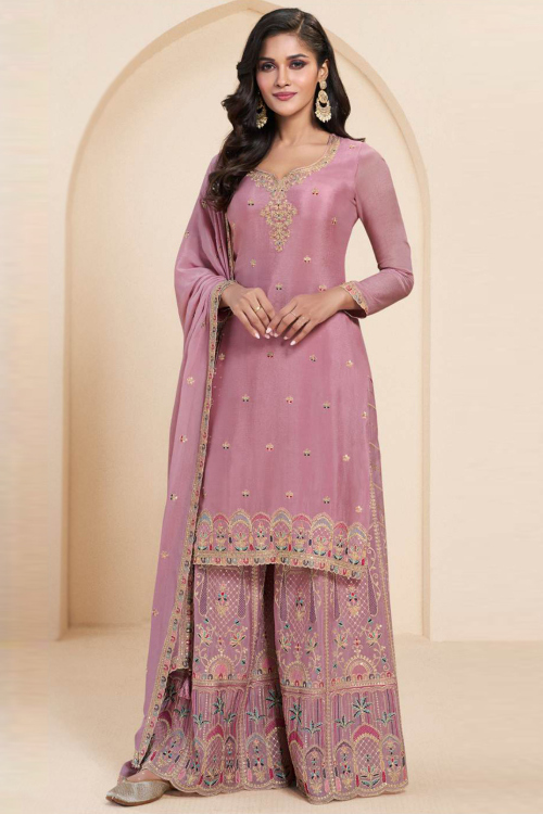Chinnon Dusty Pink Embroidered Straight Cut Sharara Suit