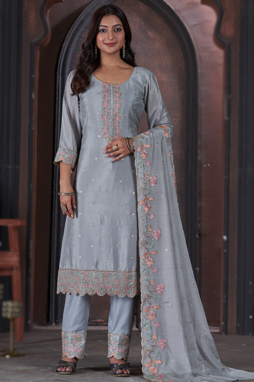 Chinnon Embroidered Light Grey Straight Cut Trouser Suit 