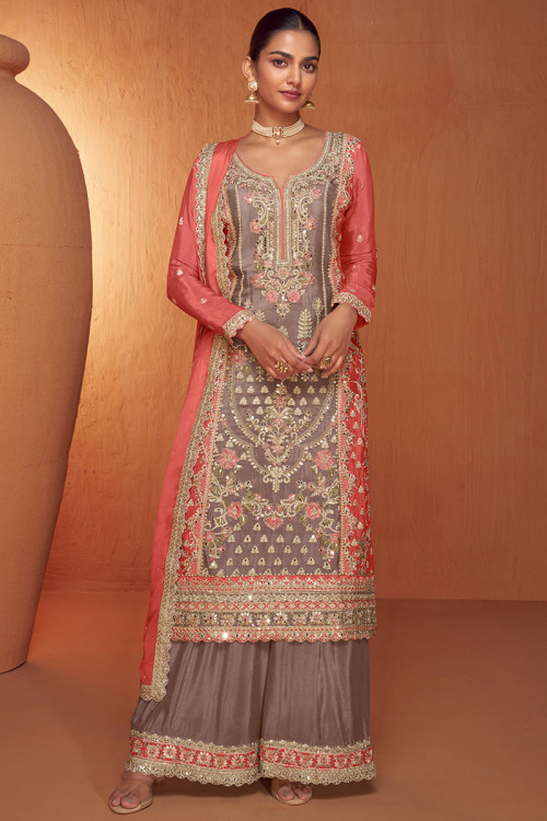 Chinnon Embroidered Mauve Brown Straight Cut Palazzo Suit
