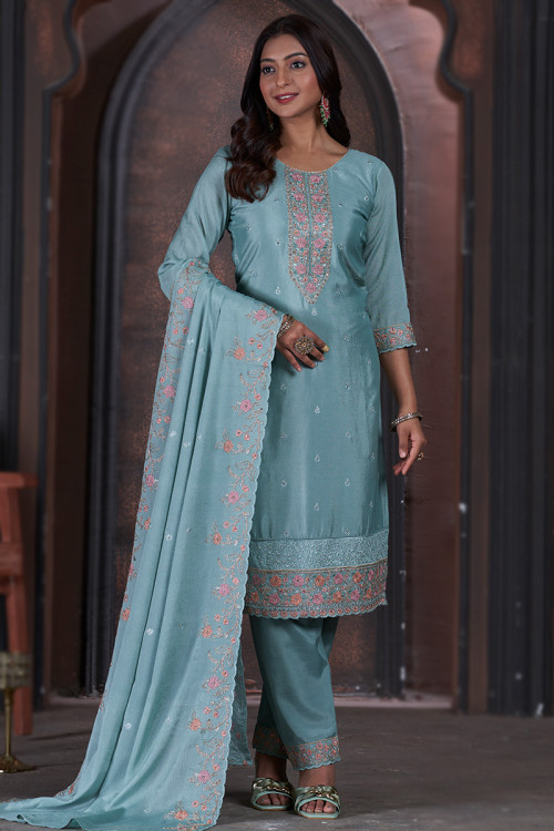 Chinnon Embroidered Powder Blue Straight Cut Trouser Suit