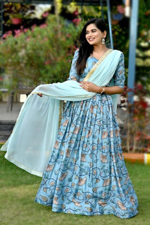 Chinnon Light Blue Floral Print A-line Lehenga