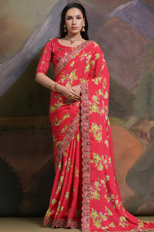 Chinnon Light Red Floral Printed Saree