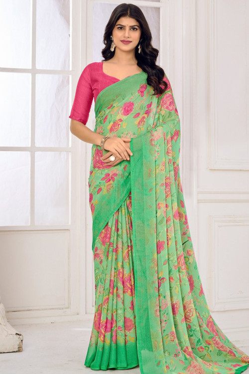 Chinnon Mint Green Saree with Printed Work for New Year Look