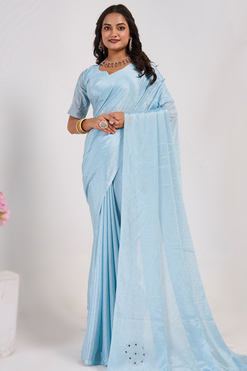 Chinnon Mirror Embellished Sky Blue Festival Wear Saree 