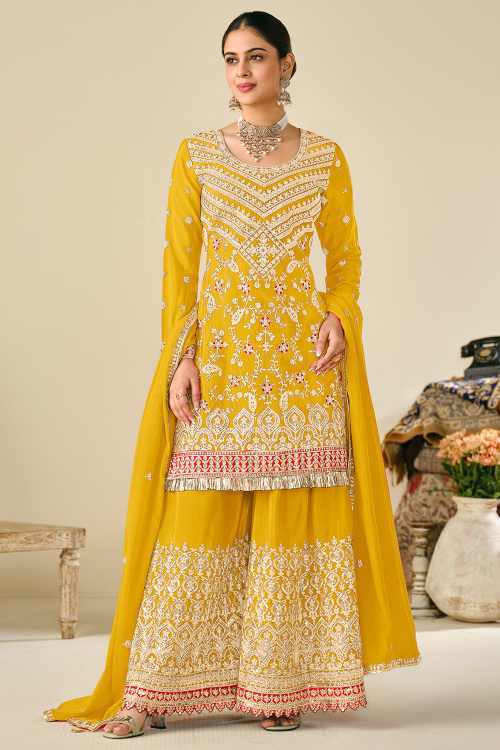 Chinnon Mustard Yellow Embroidered Straight Cut Sharara Suit 