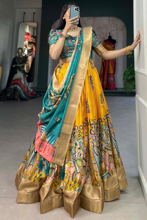 Chinnon Mustard Yellow Lehenga with Peinted Work for Haldi 
