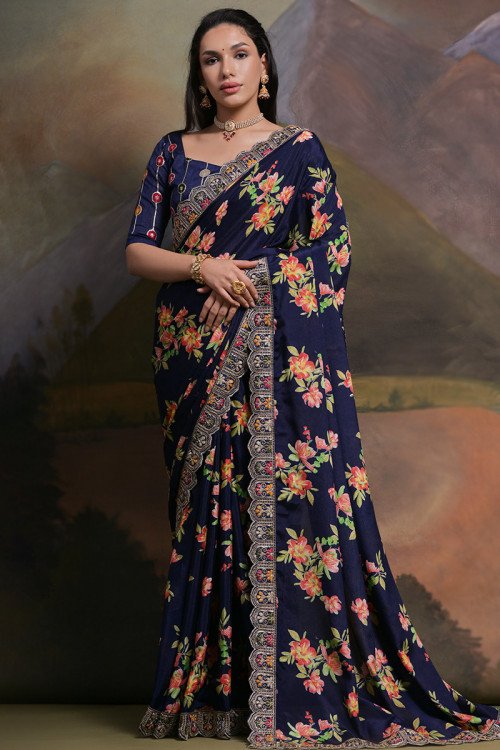 Chinnon Navy Blue Floral Printed Saree