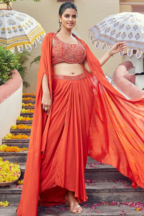 Chinnon Orange Dhoti Style Lehenga with Sequins Work for Weddings