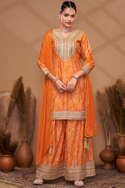 Chinnon Orange Palazzo Pant Suit with Bandhej Print Work for Festival