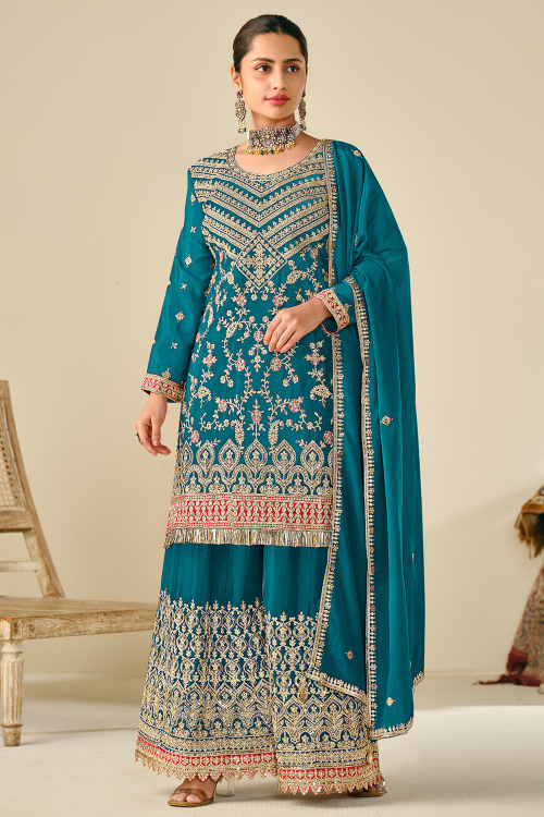 Chinnon Peacock Blue Embroidered Straight Cut Sharara Suit 