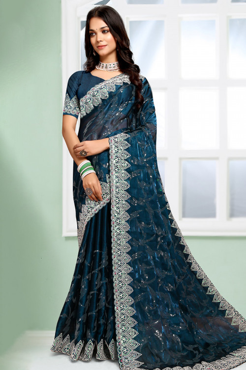 Chinnon Peacock Blue Sequins Embroidered Light Weight Saree