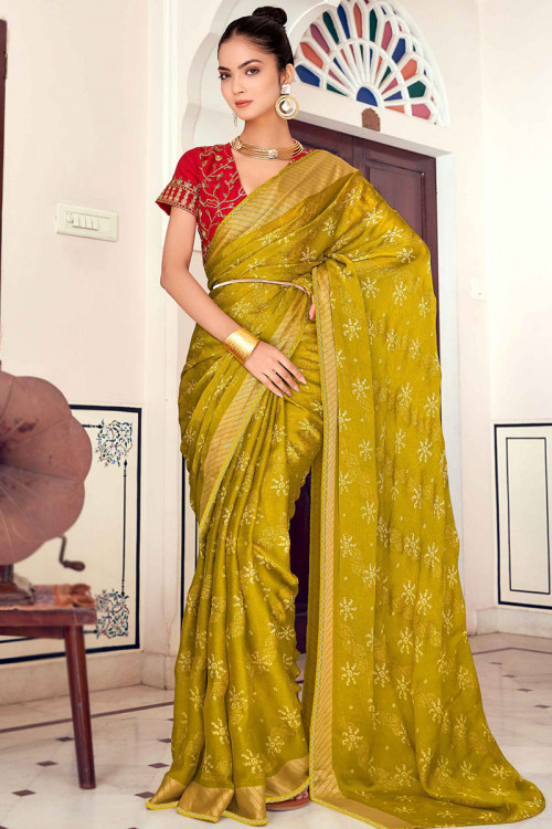 Chinnon Pear Yellow Printed Light Weight Saree