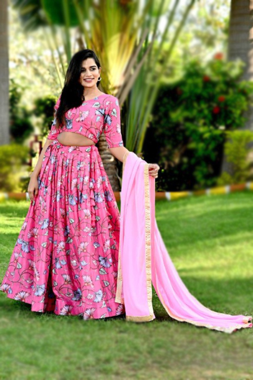 Chinnon Pink Floral Print A-line Lehenga