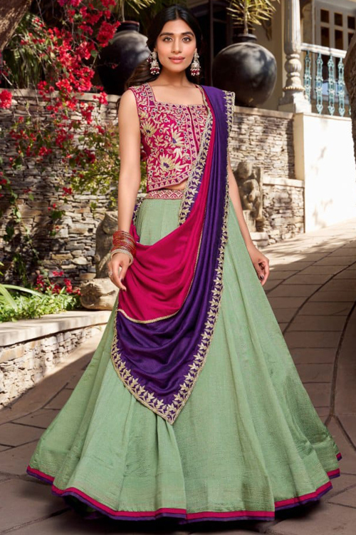 Chinnon Pistachio Green Lehenga With Zari Work for Diwali
