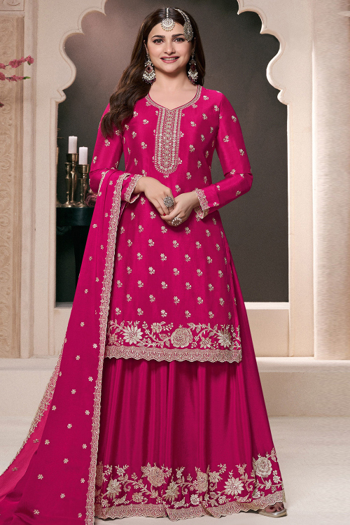 Chinnon Ruby Pink Sharara Suit With Zari Work For Diwali